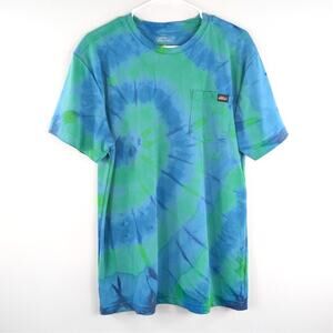 Dickies M Tie Dye Pocket T Shirt Blue Green Short Sleeve Workwear Tee Crew